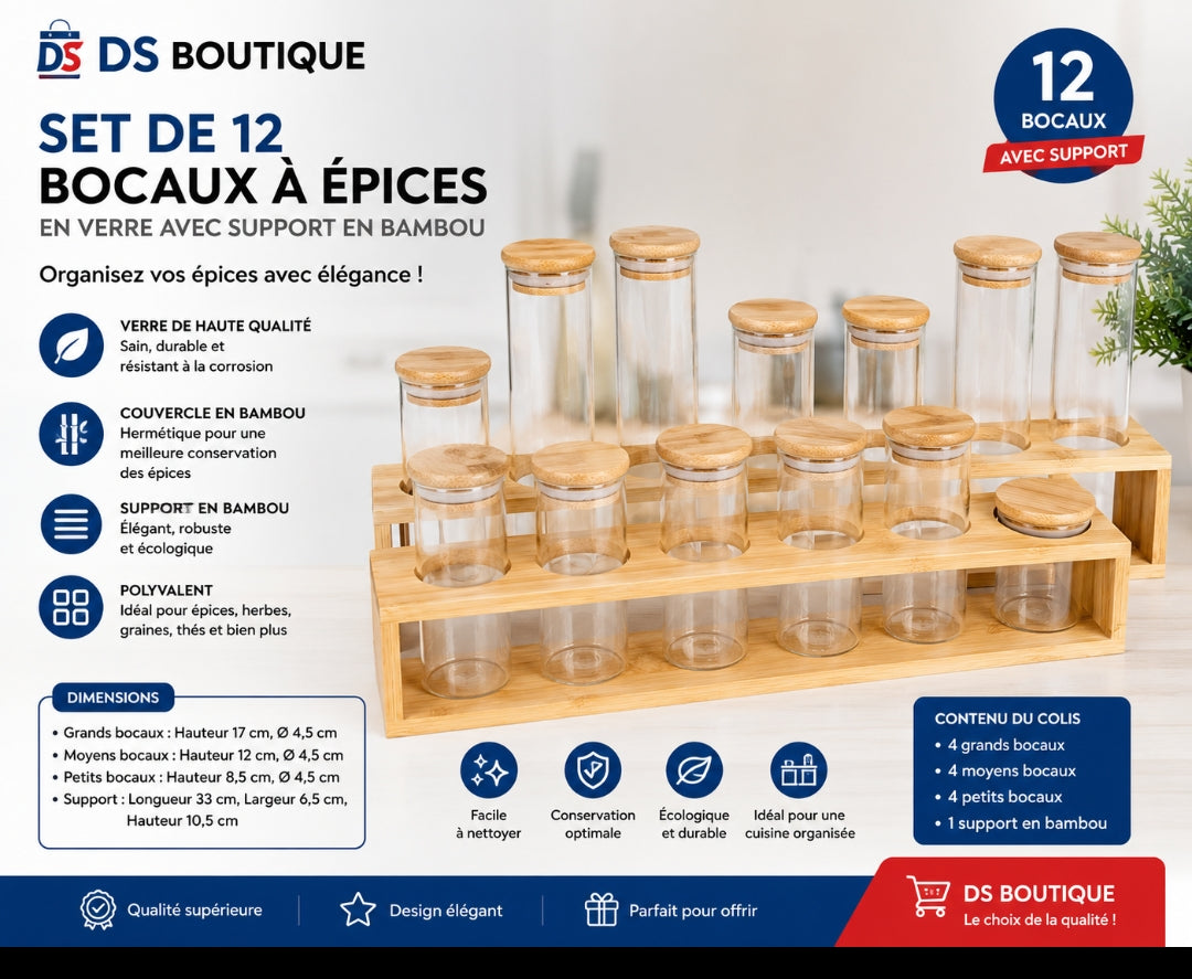 SET 12 BOCAUX À ÉPICES EN VERRE+SUPPORT BAMBOU