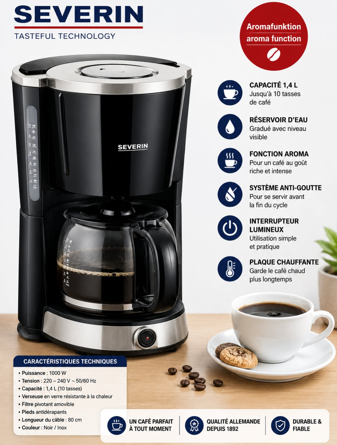 CAFETIÈRE ÉLECTRIQUE SEVERIN 1,4 L POUR 10 TASSE AVEC FONCTION ARÔME