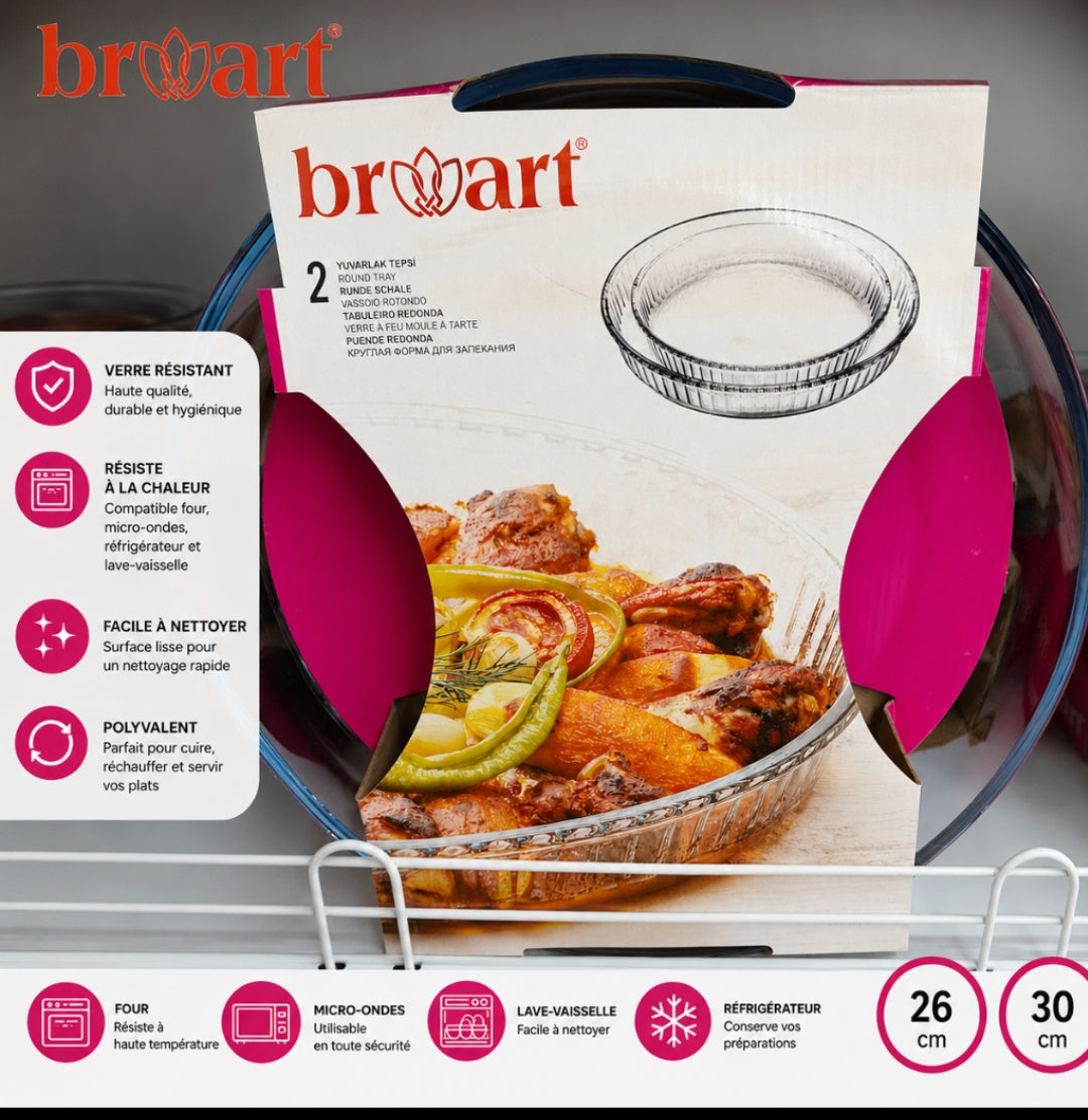 PLAT À FOUR ROND EN VERRE BROART LOT 2 PIÈCES