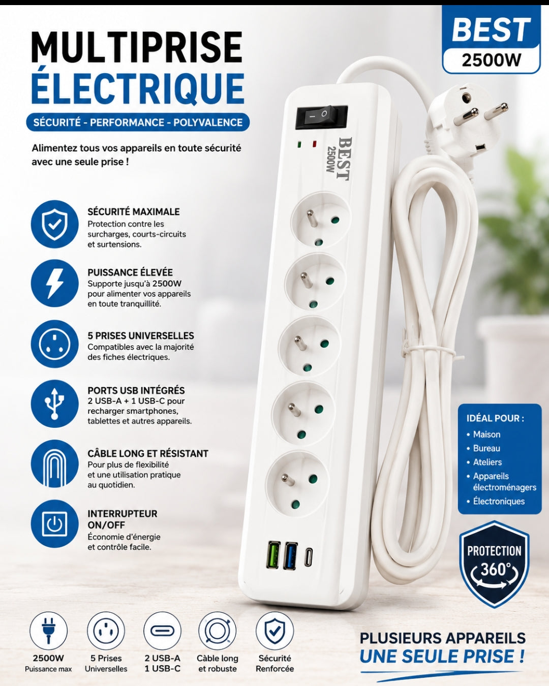 MULTIPRISE ÉLECTRIQUE 5 PRISES 2500 W