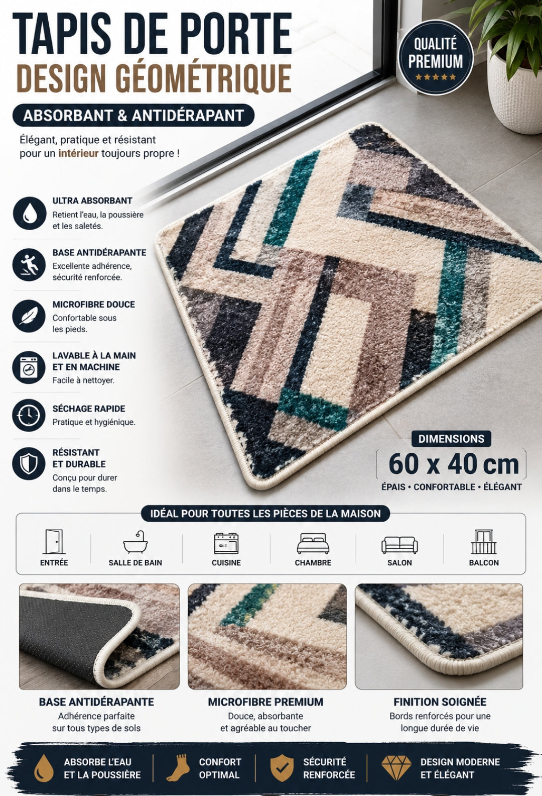 TAPIS DE PORTE DESIGN GÉOMÉTRIQUE -ABSORBANT ET ANTIDÉRAPANT