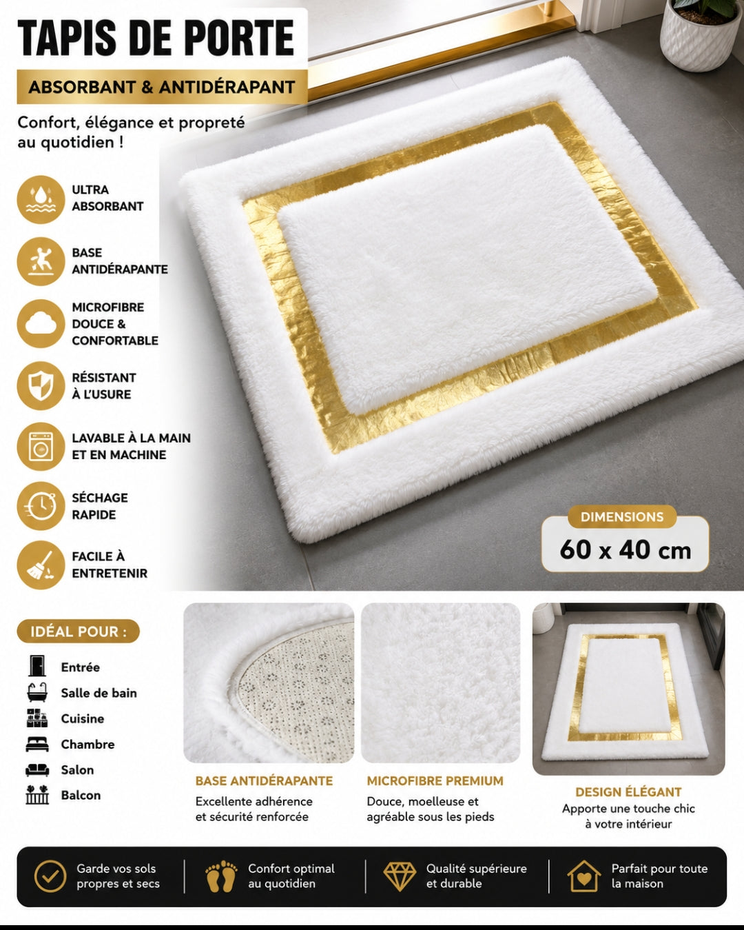 TAPIS DE PORTE PREMIUN BLANC ET OR-ABSORBANT ET ANTIDÉRAPANT