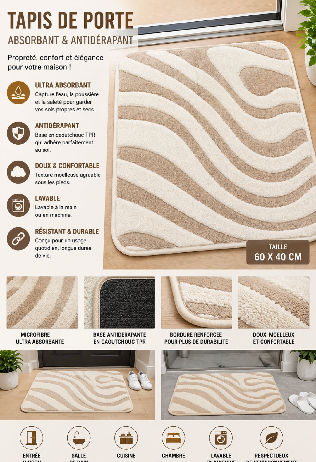 TAPIS DE PORTE DESIGN VAGUES - ABSORBANT ET ANTIDÉRAPANT