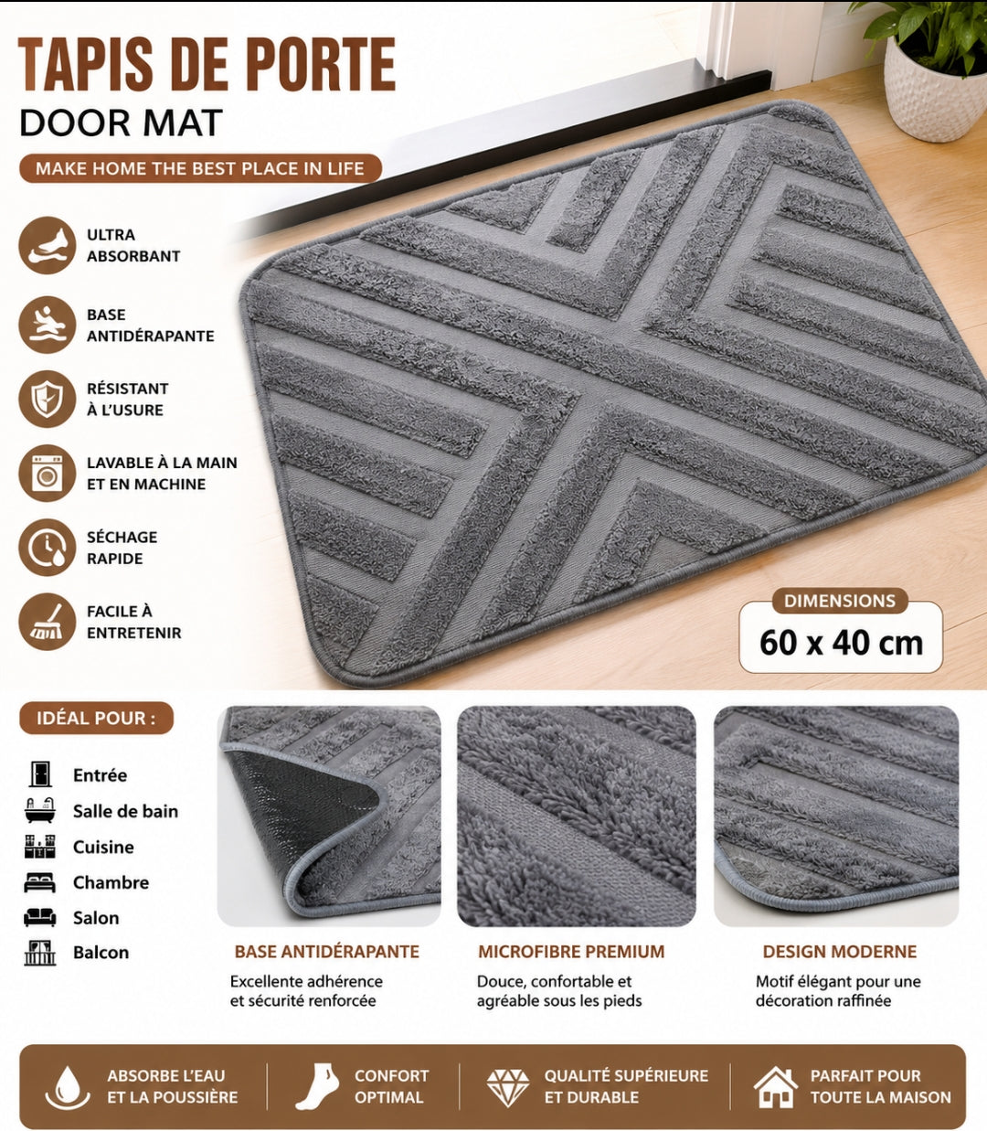 TAPIS DE PORTE PREMIUN GRIS-ABSORBANT ET ANTIDÉRAPANT