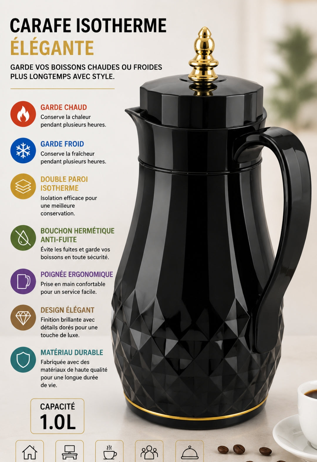 THERMOS DE TABLE ÉLÉGANT NOIR