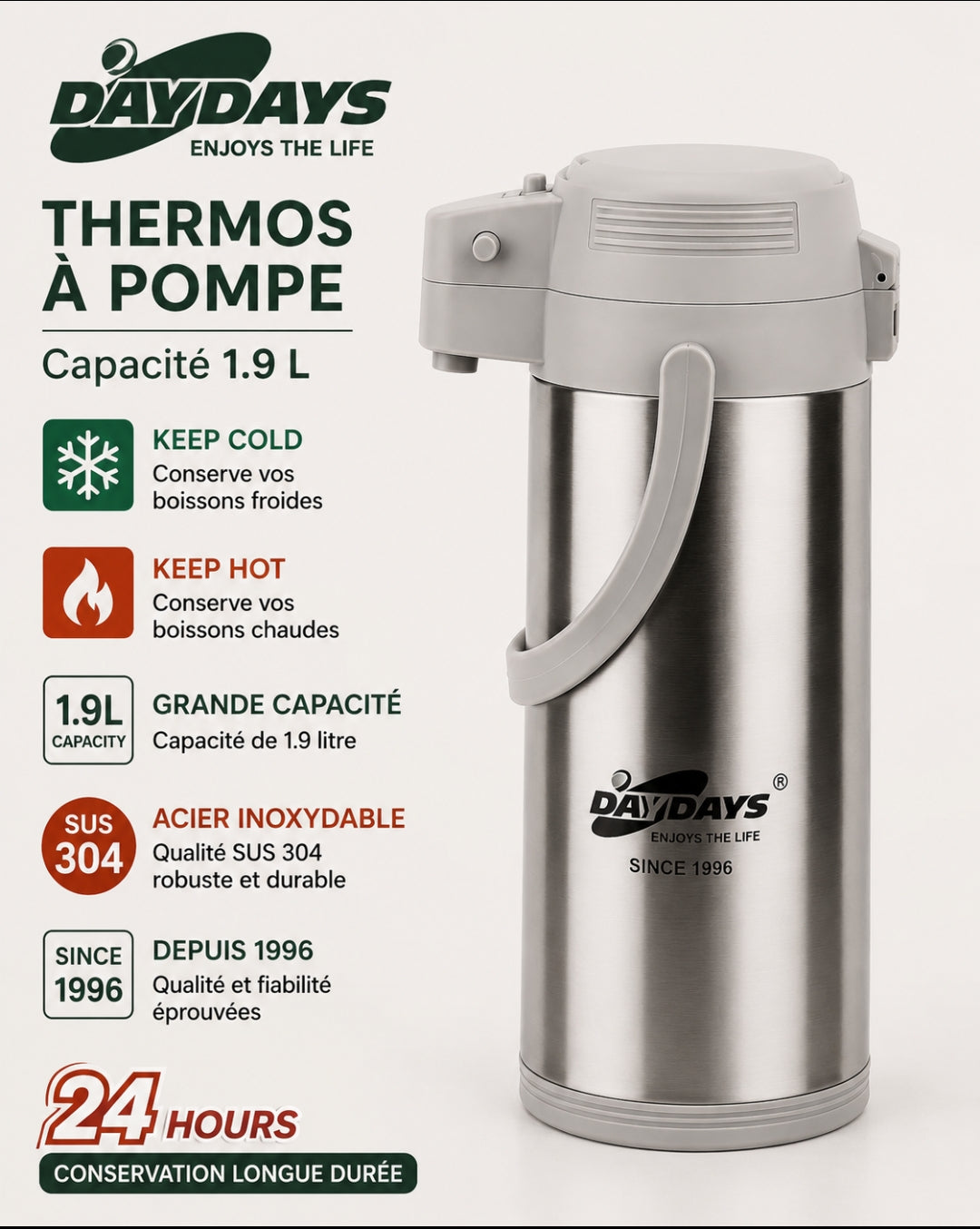 THERMOS À POMPE ISOTHERME DAYDAYS 1,9L-INOX CHAUD ET FROID 24H