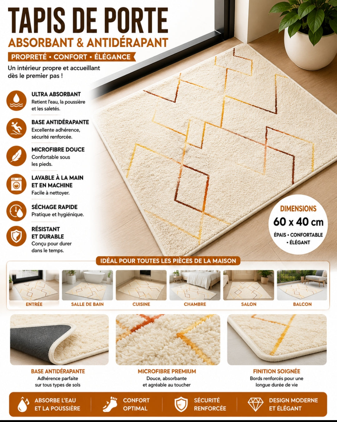 TAPIS DE PORTE DESIGN MODERNE -ABSORBANT ET ANTIDÉRAPANT