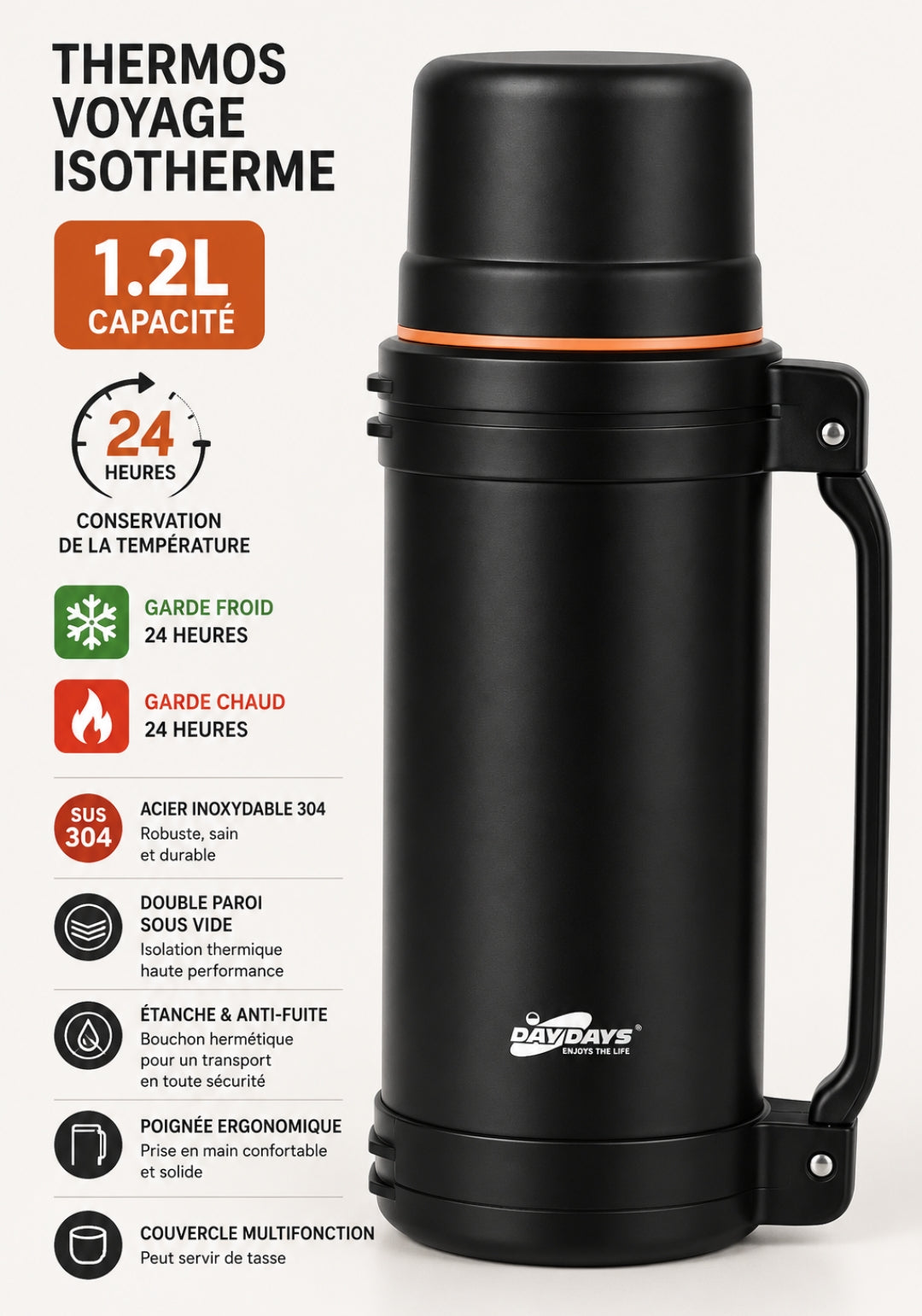 THERMOS ISOTHERME DE VOYAGE DAYDAYS 1,2L-INOX NOIR,CHAUD ET FROID 24H