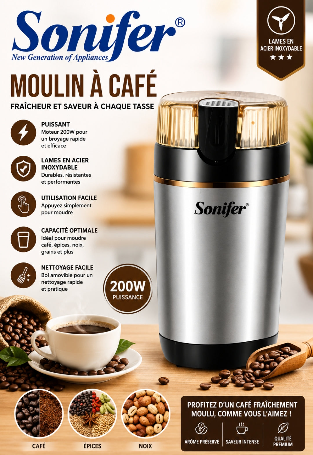 MOULIN À CAFÉ ÉLECTRIQUE SONIFER 200 W-BROYEUR MULTI FONCTION EN ACIER INOXYDABLE