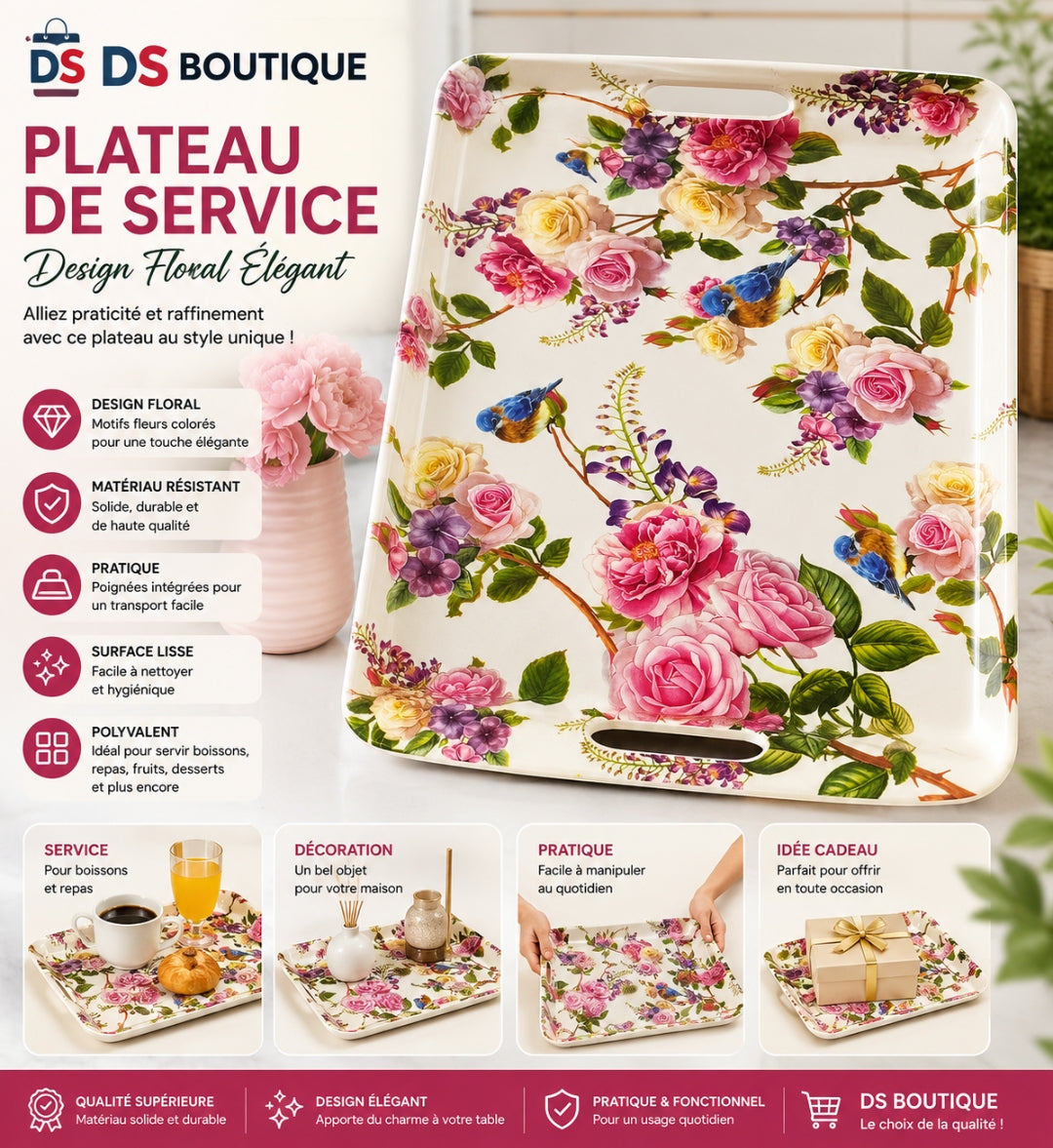 PLATEAU DE SERVICE FLORAL-DESIGN ELEGA
