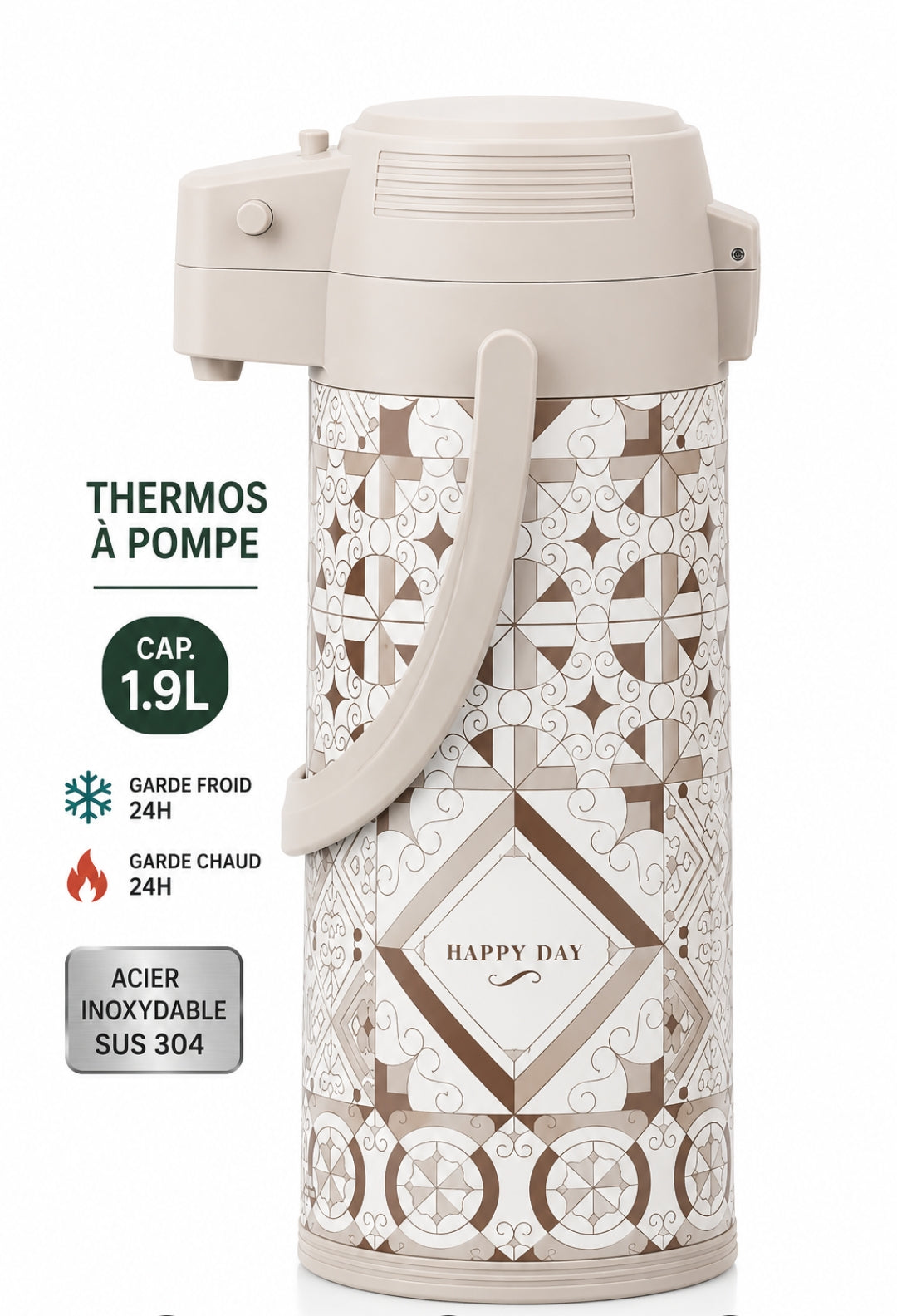 THERMOS À POMPE ISOTHERME DAYDAYS 1,9L-MOTIF ÉLÉGANT, CHAUD ET FROID 24H