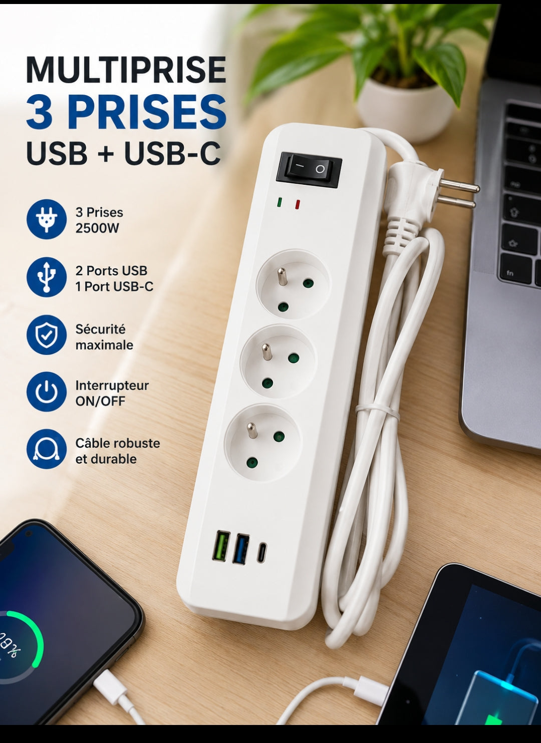 MULTIPRISE 3 PRISES+ USB+USB-C+INTERRUPTEUR -2500W